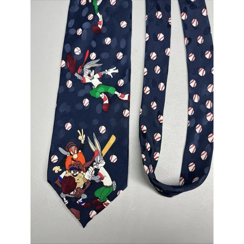 Vintage Looney Tunes Baseball Silk Tie Bugs Yosemite Tasmanian Taz Mens Necktie